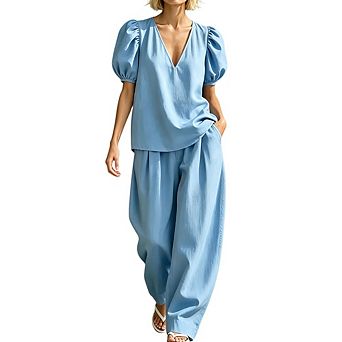 Women's 2 pc Sets V Neck Puff Short Sleeve Top Wide Leg Pant Outfits Casual Daily Wear