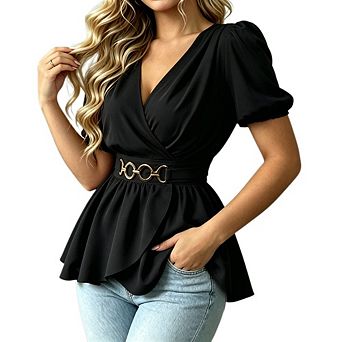 Women's Elegant V Neck Wrap Waist Short Sleeve Peplum Top Casual Office Daily Everyday