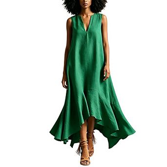 Women's Sleeveless V Neck Maxi Dress Irregular Ruffle Hem Solid Elegant Loose Casual Daily Gown