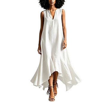 Women's Sleeveless V Neck Maxi Dress Irregular Ruffle Hem Solid Elegant Loose Casual Daily Gown