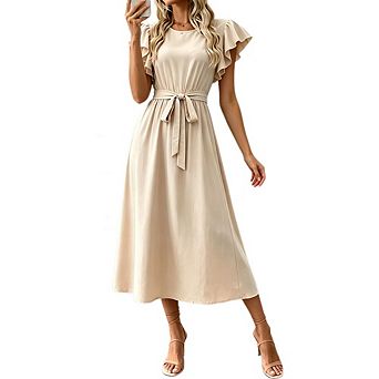 Women's Round Neck Ruffle Cap Sleeve Midi Dress Self Tie Waist A Line Casual Daily Dress