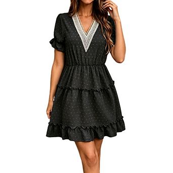 Women's Boho Swiss Dot Mini Dress Lace Trim V Neck Puff Ruffle Short Sleeve Tiered Casual Dresses