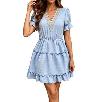 Women's Boho Swiss Dot Mini Dress Lace Trim V Neck Puff Ruffle Short Sleeve Tiered Casual Dresses