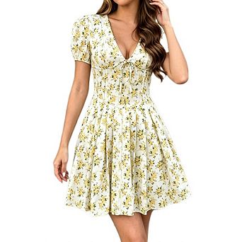 Women's Floral Mini Dress Deep V Neck Puff Short Sleeve Corset Waist A Line Casual Dress