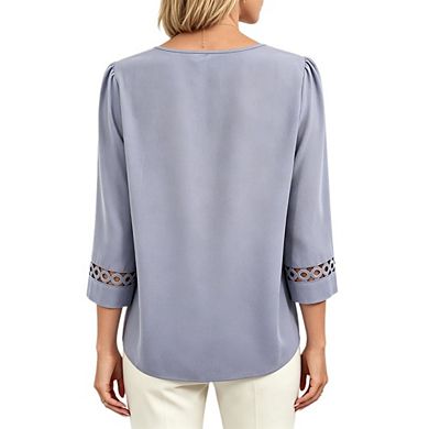 Women's 3/4 Sleeve Pleated Blouse Keyhole Crew Neck Lace Elegant Office Top