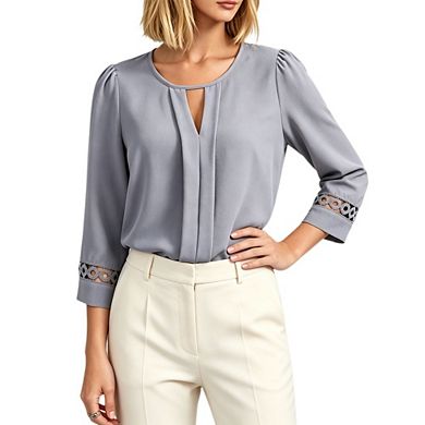 Women's 3/4 Sleeve Pleated Blouse Keyhole Crew Neck Lace Elegant Office Top