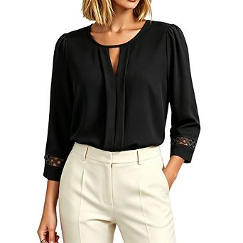 Women's 3/4 Sleeve Pleated Blouse Keyhole Crew Neck Lace Elegant Office Top