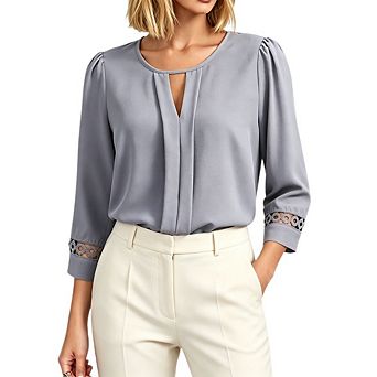 Women's 3/4 Sleeve Pleated Blouse Keyhole Crew Neck Lace Elegant Office Top