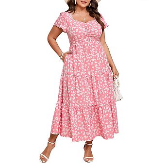 Women Plus Size Short Sleeve Dress Casual Tiered Flowy Loose Sundress