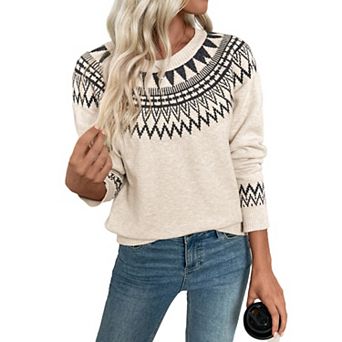 Women's Fair Isle Sweater Casual Crew Neck Knitted Sweater Fall Fashion Pullover Tops