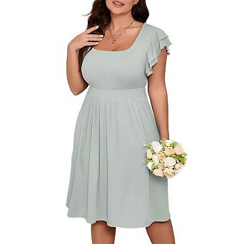 Women Plus Size High Waist Midi Short Ruffle Sleeves Casual Summer Dress with Pockets