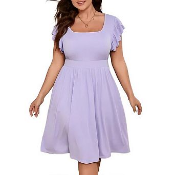 Women Plus Size High Waist Midi Short Ruffle Sleeves Casual Summer Dress with Pockets