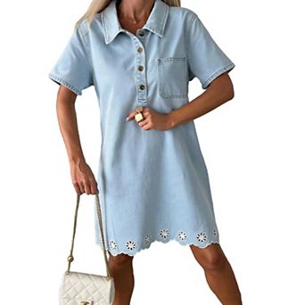 Denim Dress for Women Casual Short Sleeve Collared Trendy A Line Summer Shirt Jean Dress