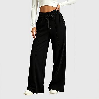 Women Wide Leg Sweatpants Casual High Waist Middle Crease Lounge Yoga Pants with Pockets