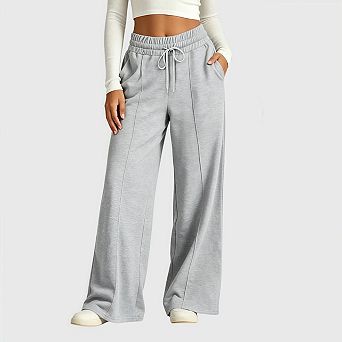 Women Wide Leg Sweatpants Casual High Waist Middle Crease Lounge Yoga Pants with Pockets