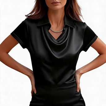 Women Satin Collared Short Sleeve Blouse Elegant Cowl Neck Silk Like Office Work Tops