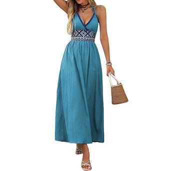 Women's Halter V Neck A Line Maxi Sundress Casual Summer Beach Vacation Maxi Dress