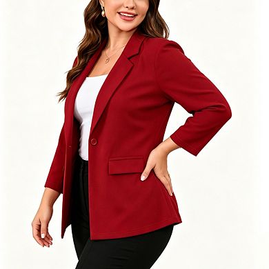 Plus Size Women Single Button Notched Lapel Blazer 3/4 Sleeve Soft Stretch Casual Office Jacket
