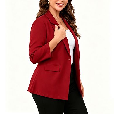 Plus Size Women Single Button Notched Lapel Blazer 3/4 Sleeve Soft Stretch Casual Office Jacket