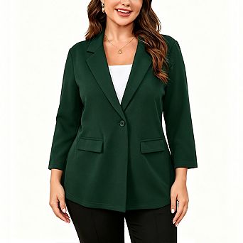 Plus Size Women Single Button Notched Lapel Blazer 3/4 Sleeve Soft Stretch Casual Office Jacket