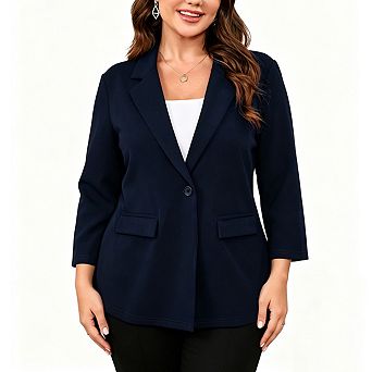 Plus Size Women Single Button Notched Lapel Blazer 3/4 Sleeve Soft Stretch Casual Office Jacket