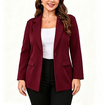 Plus Size Women Single Button Notched Lapel Blazer 3/4 Sleeve Soft Stretch Casual Office Jacket