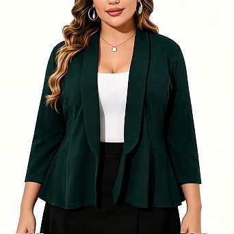 Plus Size Open Front Peplum Blazer for Women 3/4 Sleeve Shawl Collar Soft Knit Casual Work Jacket