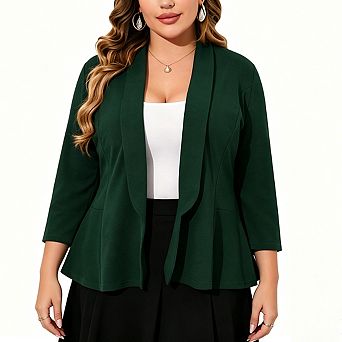 Plus Size Open Front Peplum Blazer for Women 3/4 Sleeve Shawl Collar Soft Knit Casual Work Jacket