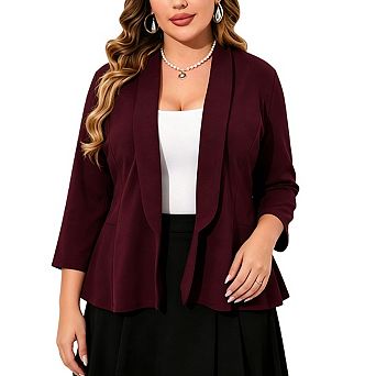 Plus Size Open Front Peplum Blazer for Women 3/4 Sleeve Shawl Collar Soft Knit Casual Work Jacket