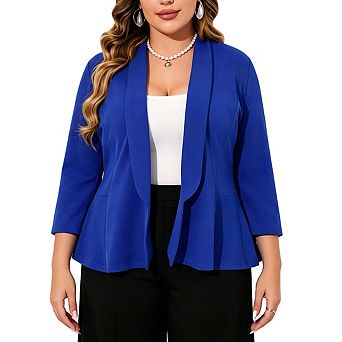 Plus Size Open Front Peplum Blazer for Women 3/4 Sleeve Shawl Collar Soft Knit Casual Work Jacket