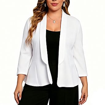 Plus Size Open Front Peplum Blazer for Women 3/4 Sleeve Shawl Collar Soft Knit Casual Work Jacket