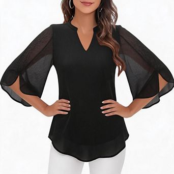 V Neck Bell Sleeve Loose Fit Womens Dressy Tunic Top For Office Wedding Daily Casual Outfits