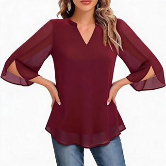 V Neck Bell Sleeve Loose Fit Womens Dressy Tunic Top For Office Wedding Daily Casual Outfits