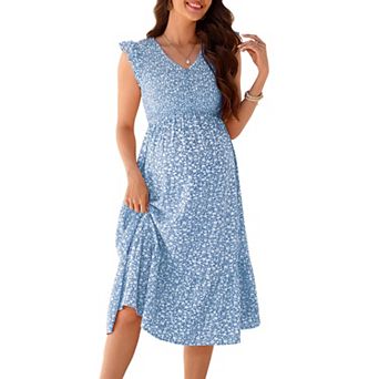 Women Smocked Ruffle Short Sleeve Summer Boho Long Dress Button V Neck Swing Flowy Maxi Casual Dress