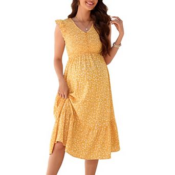 Women Smocked Ruffle Short Sleeve Summer Boho Long Dress Button V Neck Swing Flowy Maxi Casual Dress