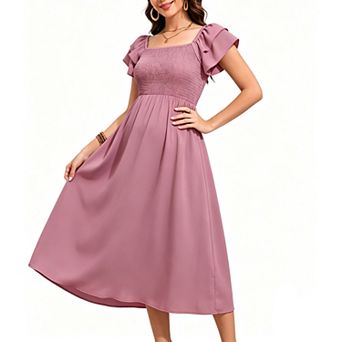 Women Summer Flutter Short Sleeve Smocked Square Neck Maxi Dress Casual Swing Flowy Boho Long Dress