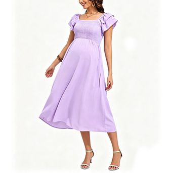 Women Summer Flutter Short Sleeve Smocked Square Neck Maxi Dress Casual Swing Flowy Boho Long Dress