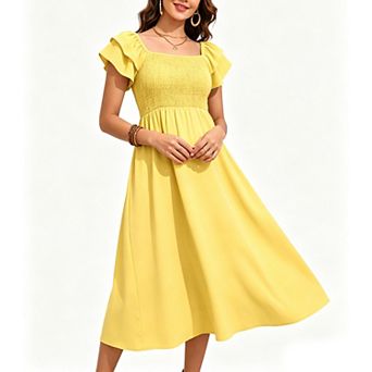 Women Summer Flutter Short Sleeve Smocked Square Neck Maxi Dress Casual Swing Flowy Boho Long Dress