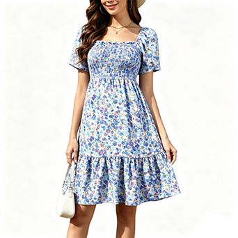 Women's Smocked Square Neck Short Sleeve Summer Long Dress Casual Boho Flowy Swing Sun Midi Dress
