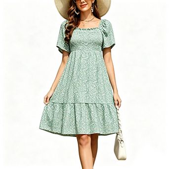 Women's Smocked Square Neck Short Sleeve Summer Long Dress Casual Boho Flowy Swing Sun Midi Dress
