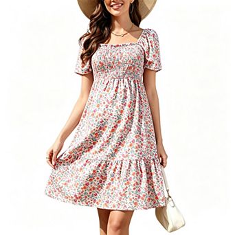 Women's Smocked Square Neck Short Sleeve Summer Long Dress Casual Boho Flowy Swing Sun Midi Dress