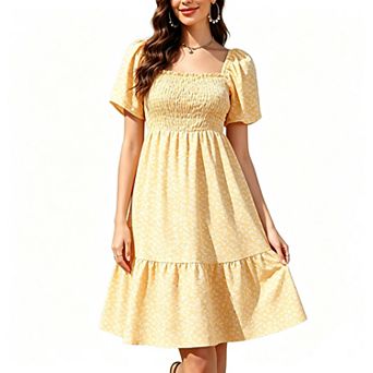 Women's Smocked Square Neck Short Sleeve Summer Long Dress Casual Boho Flowy Swing Sun Midi Dress