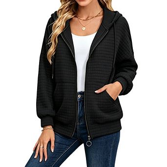 Women's Zip Up Long Sleeve Hoodie Jacket Solid Casual Loose Fit Daily Outerwear with Pocket