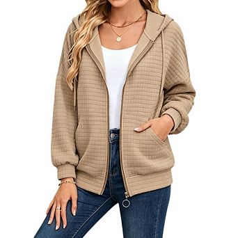 Women's Zip Up Long Sleeve Hoodie Jacket Solid Casual Loose Fit Daily Outerwear with Pocket