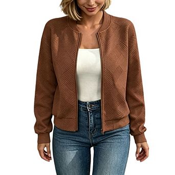 Women's Solid Quilted Zip Up Bomber Jacket Stand Collar Long Sleeve Loose Casual Daily Outerwear