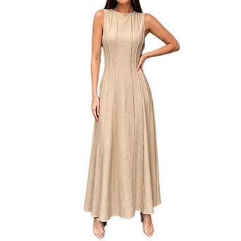Women's Elegant Sleeveless Maxi Dress Crew Neck Fitted Flowy Solid Casual Daily Long Dress