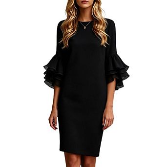 Women's Crew Neck Tiered Ruffle Bell Sleeve Bodycon Midi Dress Solid Elegant Casual Pencil Dresses