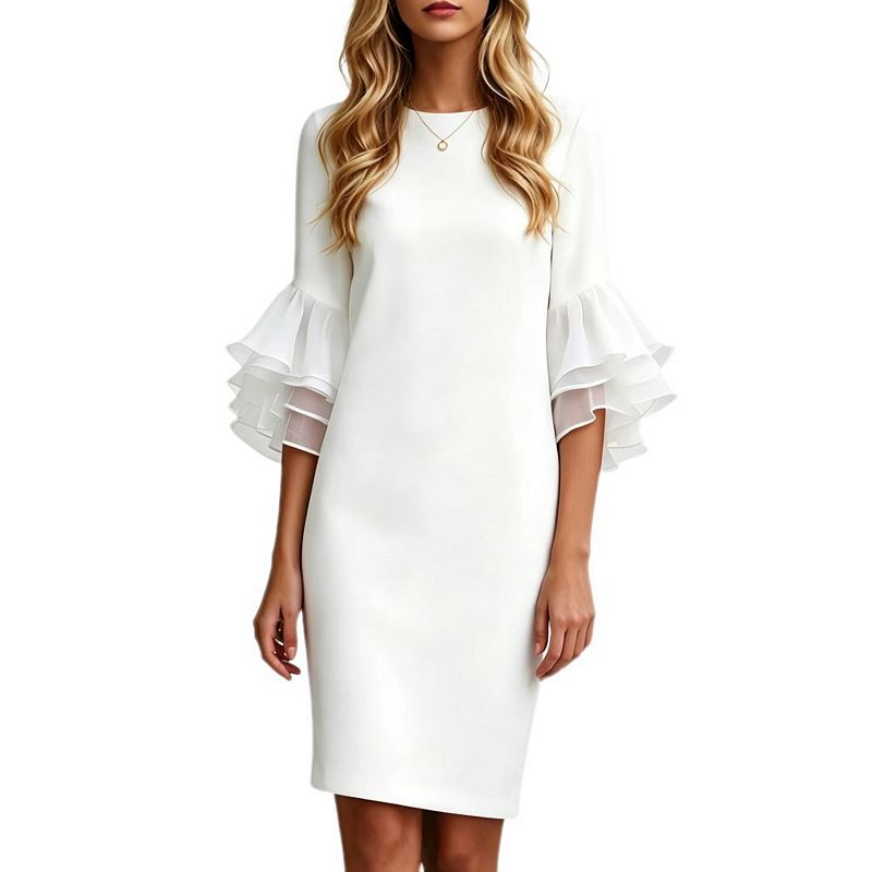 white bodycon dress with bell sleeves Women's Crew Neck Tiered Ruffle Sleeve Midi Solid Elegant Casual Pencil Dresses For an evening out Size:Belt-52 FPSSEXCL Hurxie Women's Boho Off
