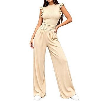 Women's 2 pc Outfit Ruffle Sleeveless Top High Waist Wide Leg Pants Ribbed Casual Matching Set