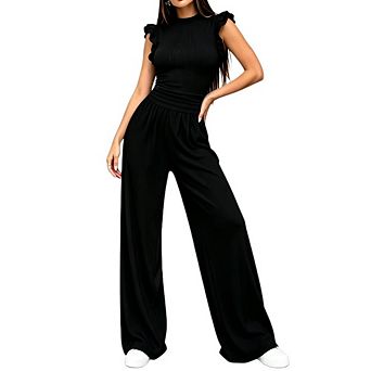 Women's 2 pc Outfit Ruffle Sleeveless Top High Waist Wide Leg Pants Ribbed Casual Matching Set